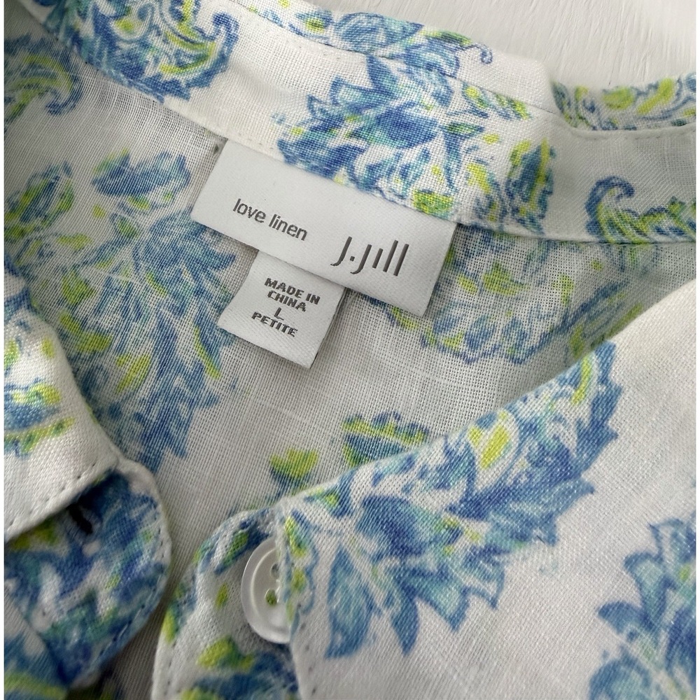 J Jill Love 100% Linen Blouse Button Up Long Sleeve Paisley Print Size L Petite